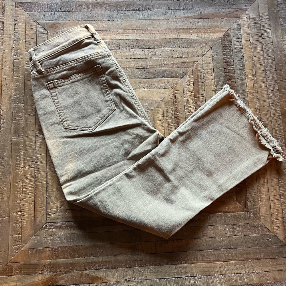 Tan denim cropped raw hem jeans